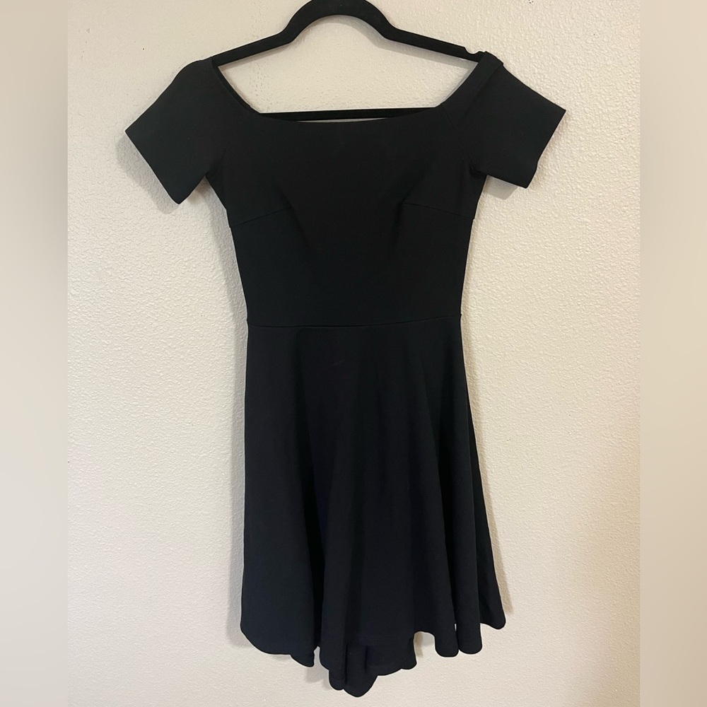 over the shoulder maxi short black dress